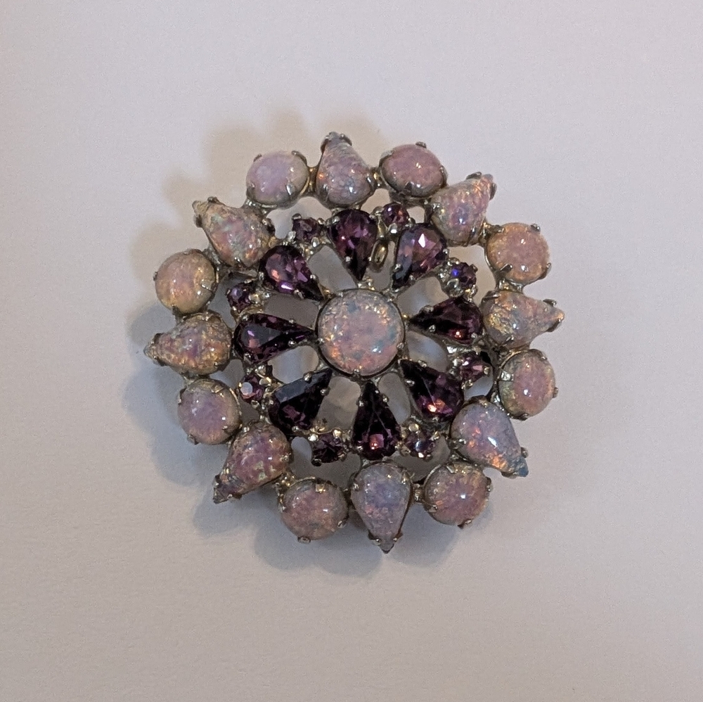 Vintage Faux Fire Opal & Dragon’s Breath Purple Stones Brooch Silver-Tone